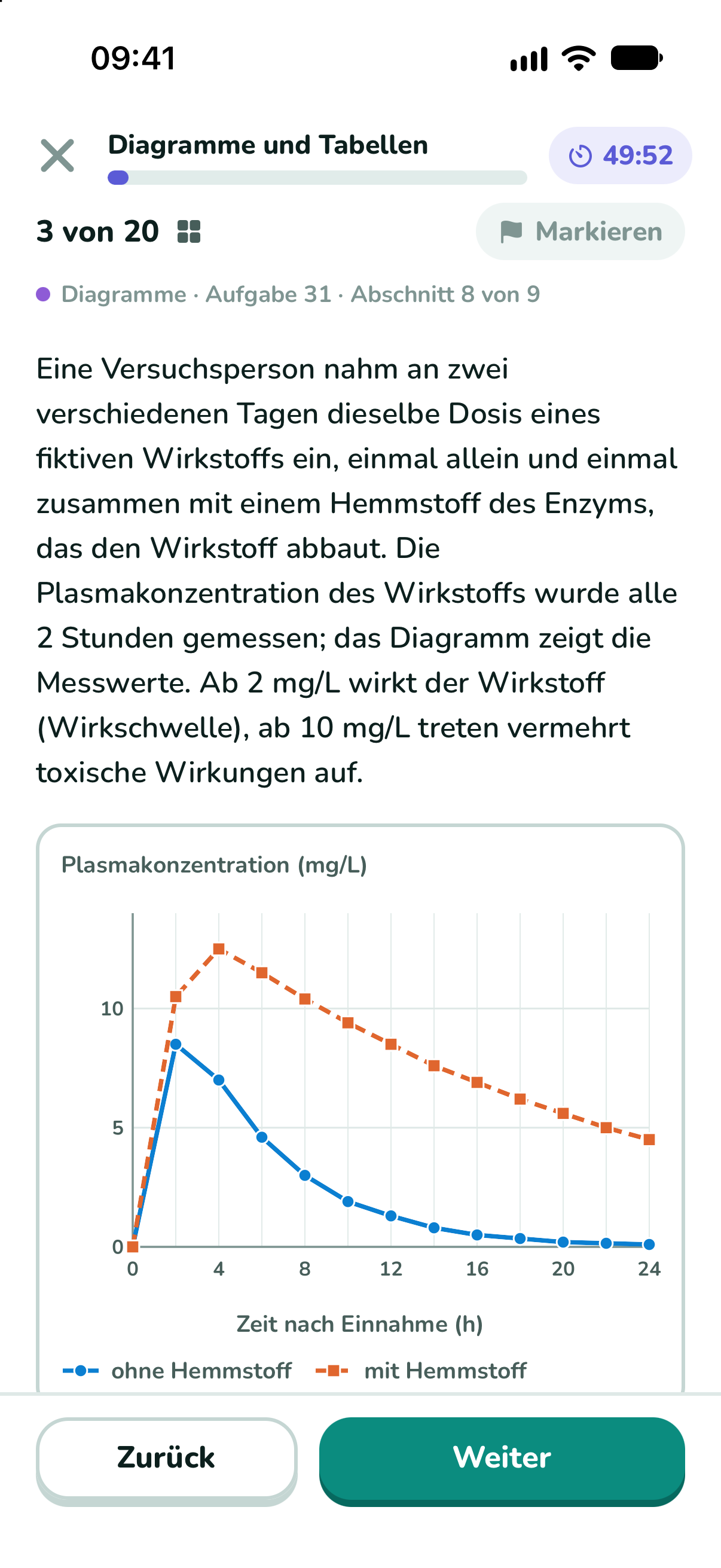 Laufende Simulation mit Abschnitt, verbleibender Zeit und Aufgabe