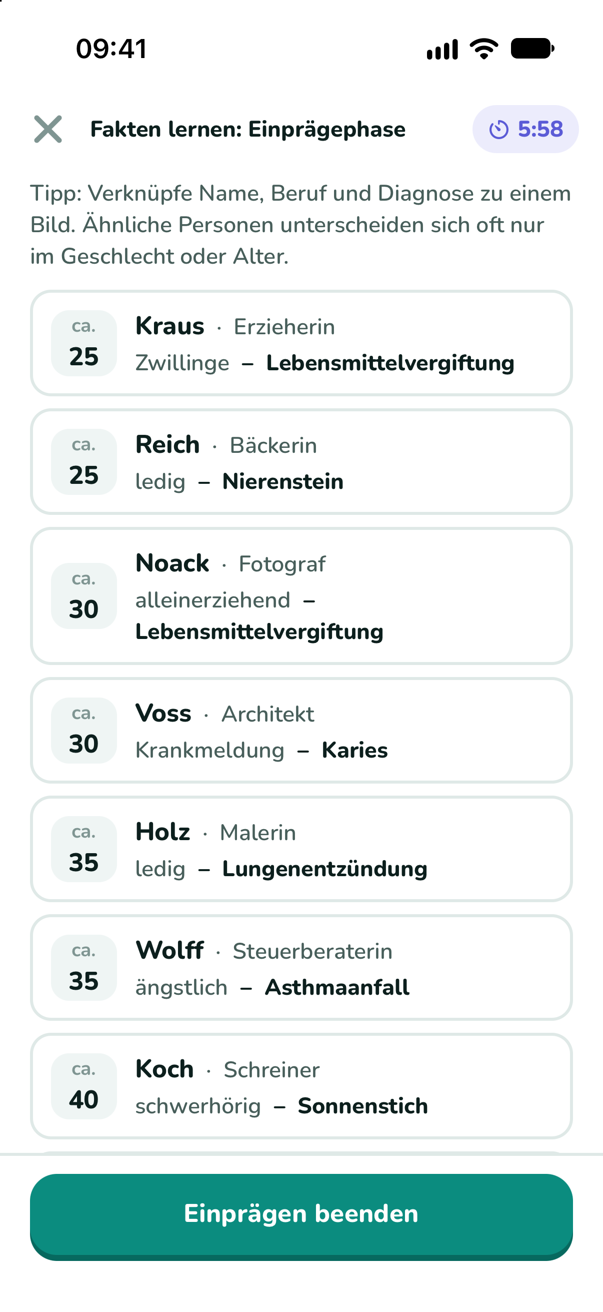 Einprägephase von Fakten lernen mit fiktiven Patientenkarten und Timer