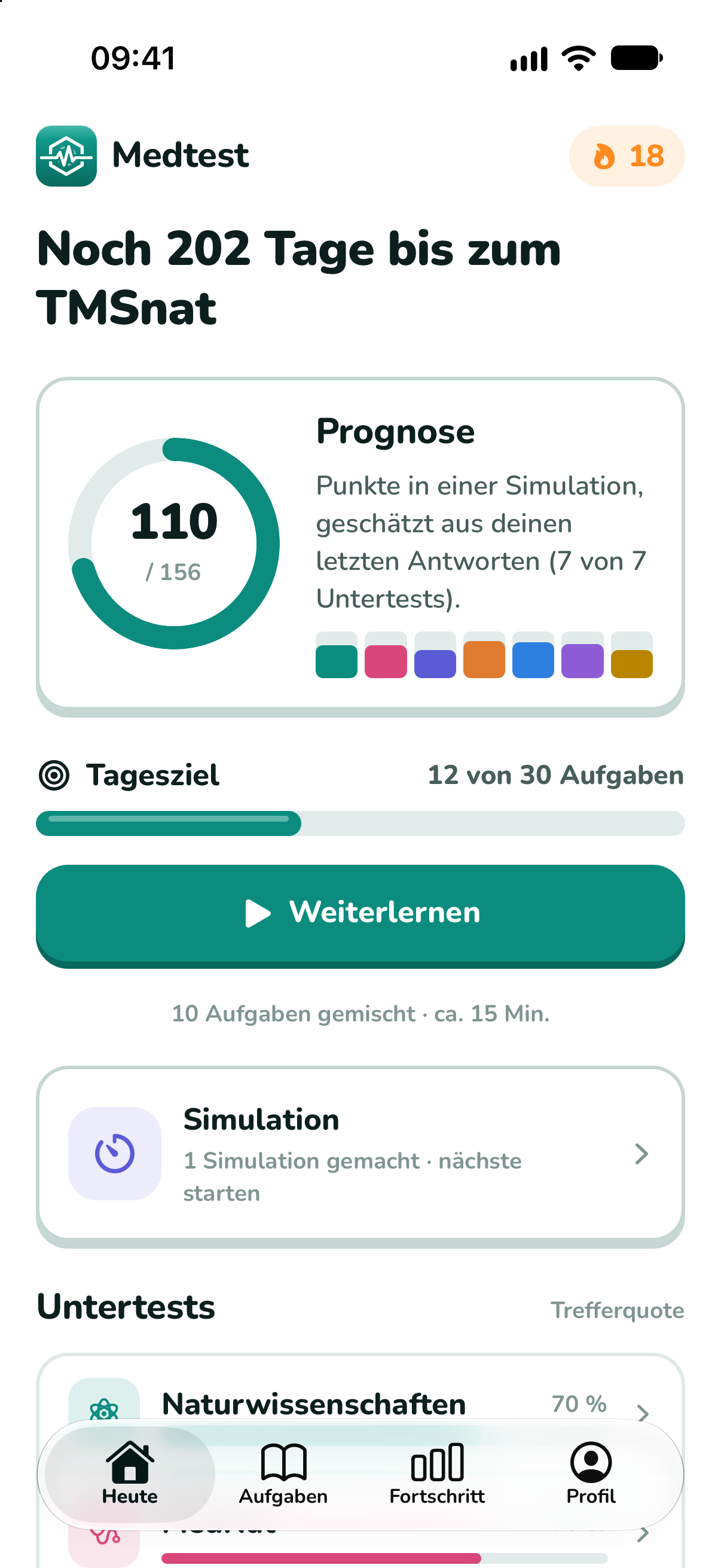 Startbildschirm der App mit Countdown bis zum Testtag, Tagesziel und Fortschritt je Untertest